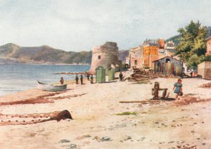 På stranden, Alassio (färglitografi)