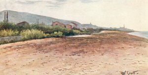 På stranden, Bordighera, tidig morgon (färglitografi)