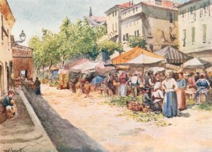 Grönsaksmarknaden i Nice, vy mot väster (färglitografi) av William Scott