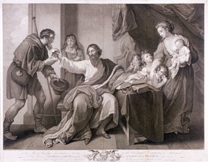 Alfred den store delar sin limpa med pilgrimen, 1782 av William Sharpe