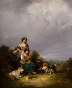 Två unga kvinnor och getter i ett landskap, 1870.