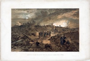 Krimkriget (1853-1856): avsnitt av belägringen av Sebastopol (Ukraina), franska trupper bland ruinerna efter att ha tagit Malakoff-tornet, 8 september 1855 (Efter intagandet av Malakoff den 8 september 1855) - Litografi av William Simpson (18