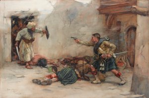 Trummisen James Roddick från 92:a Gordon Highlanders, försvarar löjtnant Menzies under hand-till-hand-strider i Kandahar av William Skeoch Cumming