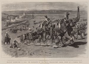 Militära manövrar i Indien, elefanterna från det tunga fältbatteriet skräms av ett passerande tåg