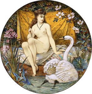 En Minton lergods stor tazza, föreställande Leda och svanen,