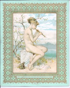Viktorianskt nyårskort av en badande skönhet på en strand som spelar en flöjt, c.1881 av William Stephen Coleman