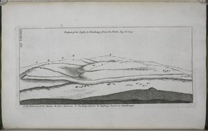 Stonehenge, ett tempel restaurerat till de brittiska druiderna: Prospect of the Cursus och Stonehenge, från norr av William Stukeley