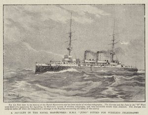 En nyhet i sjömanövrarna, H M S Juno utrustad för trådlös telegrafi av William T. Maud