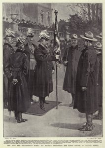 Kungen och Strathconas häst, hans majestät presenterar kungens färg till överste Steele av William T. Maud
