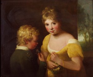Två barn med en korg med blommor (olja på duk) av William Tate