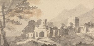 Italiensk landskap med förstört slott