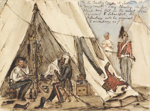 I kavallerilägret i Devna (ung kornett) ?Jag säger Charley, tror du nu att i händelse av att vi skickas till Sebastopol, kommer infanteriet att behöva följa med oss?, ca 1854 (penna & bläck och wc)