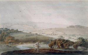 En bonde som sår, en floddal och böljande kullar bortom av Joseph Mallord William Turner