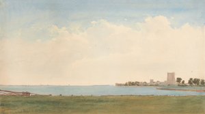 Portchester Castle: En vy från Portchester Village med utsikt över vattnet till Portsmouth