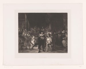 nattvakt Officerare och andra beväpnade män från distrikt II i Amsterdam ledda av kapten Frans Banninck Cocq och löjtnant Willem van Ruytenburch, känd som "Nattvakten" av William Unger