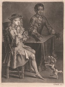 Två unga män, en spelar blockflöjt, den andre pekar på en dansande hund av William Vincent