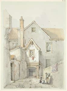 Gammalt hus som tidigare stod nära Bristol Cathedral (penna och akvarell på papper)