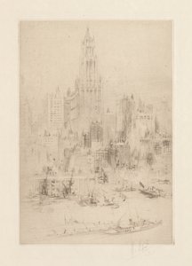 Downtown Manhattan från East River, med Woolworth Building av William Walcot