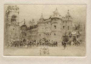 Holyrood Palace, Edinburgh (drottning Maria Stuart lämnar Holyrood Palace) av William Walcot