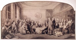 Vetenskapens framstående män 1807-1808. Möte i biblioteket vid Royal Institute of Sciences, England. Gravyr av William Walker och Sir John Gilbert (1817 - 1897) - Eminent Men of Science Living in 1807 - Eminent Men of Science