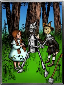 Trollkarlen från Oz: teckning av Denslow, William Wallace (1856-1919) för den första upplagan 1900 av Frank Baums bok (1856-1919) - Dorothee (Dorothy) assisterad av fågelskrämman, hjälpte plåtslagaren -