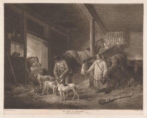 Jägare i stallet gör i ordning sina djur Den första september, morgon (titel på objekt) av William Ward