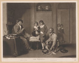 Man skäller ut barn och en knästående man med päron The Truants (titel på objekt) av William Ward