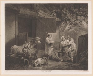 Milkmaid och två drängar i ett stall Ladugårdsdörren (titel på objekt) av William Ward