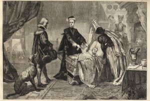 Queen Mary lämnar Stirling Castle - Marie Stuart (Marie I av Skottland) framför sin sons vagga (Jacques Stuart, Jacques VI och jag av William Ward