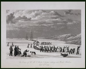 Besättningarna på H.M.S. Hecla und Griper skär in i Winter Harbour, 26 september 1819, från "Journal of a Voyage for the Discovery of a North West Passage from the Atlantic to the Pacific" framförd i t.