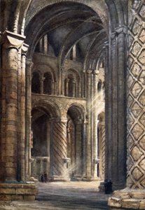 Durham, katedralens inre tittar över långhuset in i södra tvärskeppet (färg litho)