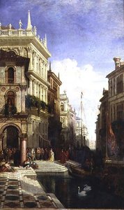 En Capriccio-vy över Venedig med en prinsessa som visas för en gondol på baksidan av Scuola di San Marco av William Wyld