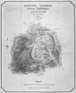 Karta över de forntida markarbetena vid Loughton Camp gjord runt 52 AD i Epping Forest, Essex, 1876 av William d