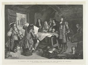 Vilhelm III håller krigsråd i en fiskarkoja, 1688 Ett krigsråd efter landstigningen av prinsen av Orange (titel på objekt) av Williamson