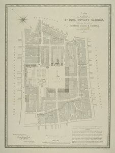 Karta över socknen St Paul, Covent Garden, med Bedford House och dess tomter, utgiven av W.P. Metchim, 1686. av Willian Leybourn