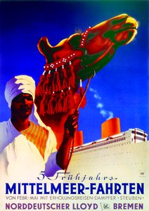 "5 vårkryssningar i Medelhavet", reklamaffisch för Bremen North German Lloyd Line av Willy Hanke