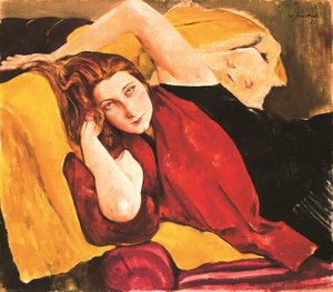 Porträtt av en ung flicka med en röd stola - Porträtt av en flicka med röd halsduk, av Jaeckel, Willy (1888-1944). olja på duk av Willy Jaeckel