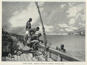 En orkan, odling av hampa, på Abaco Island, en blomsterförsäljare, konkylidykare, från The Century Magazine, februari 1887 av Winslow Homer