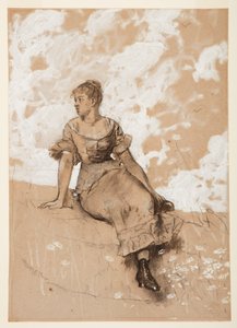 Teckning, En sittande flicka; studie till "Trädgårdsmuren", 1878 av Winslow Homer