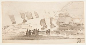 Teckning, Strandscen med människor och fiskebåtar, Cullercoats, England, 1881-82 av Winslow Homer
