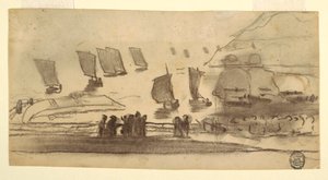 Teckning, Strandscen med människor och fiskebåtar, Cullercoats, England, 1881-82 av Winslow Homer