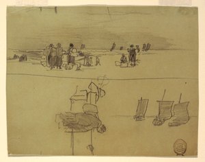 Teckning, Strandscen med kvinnor som bär korgar, Cullercoats, England, 1881-82 av Winslow Homer