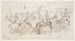 Teckning, General McClellans sjätte kavalleriregemente embarkerar i Alexandria för Old Point Comfort, 2 april 1862 av Winslow Homer
