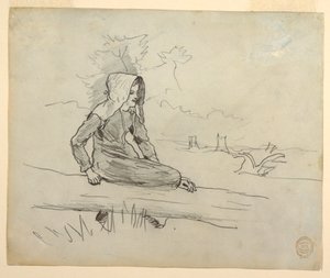 Teckning, flicka sittande på en trädstam, 1879 av Winslow Homer