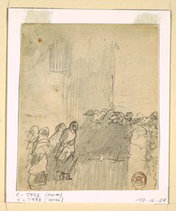 Teckning, Män och kvinnor tittar ut över havet, Cullercoats, England, 1881 av Winslow Homer