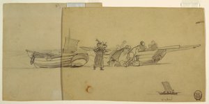 Teckning, Män och kvinnor lossar en fiskedocka, Cullercoats, England, 1881-82 av Winslow Homer