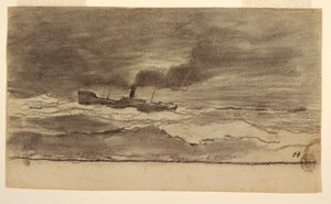 Teckning, Havslandskap med fisketrålare, Cullercoats, England, 1881-82 av Winslow Homer