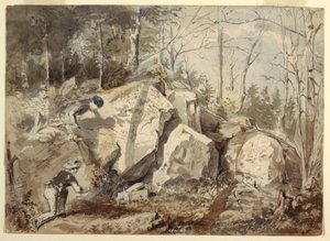 Teckning, Uppsättning av ekorrfälla, ca 1855 av Winslow Homer