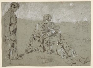 Teckning, Soldat ger vatten till en sårad kamrat, 1864 av Winslow Homer