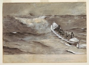 Teckning, Livbåten, studie till akvarell, "Iron Crowns förlisning", 1881 av Winslow Homer